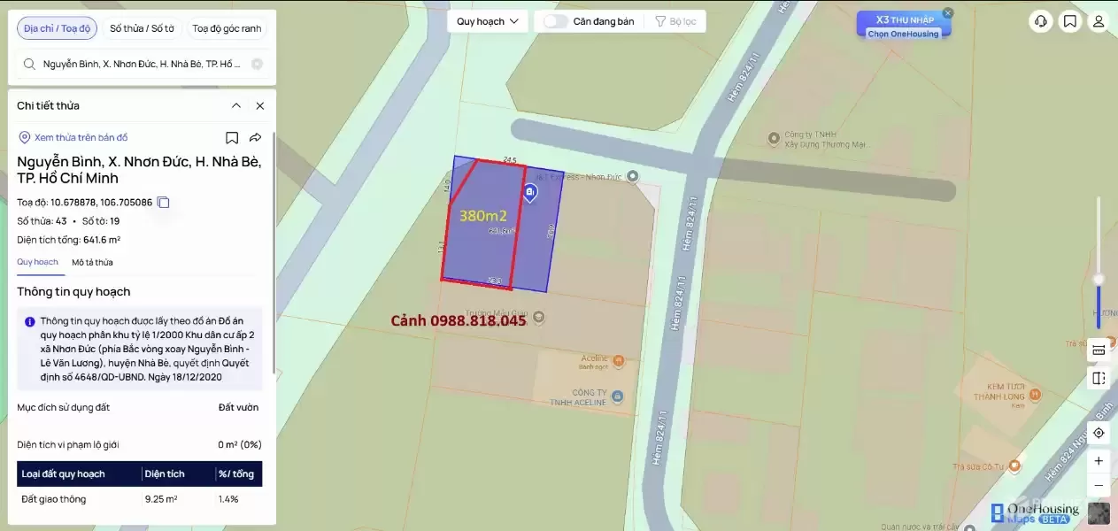 Bán đất 380m2 đường Nguyễn Bình, xã Nhơn Trạch, Nhà Bè, TP Hồ Chí Minh