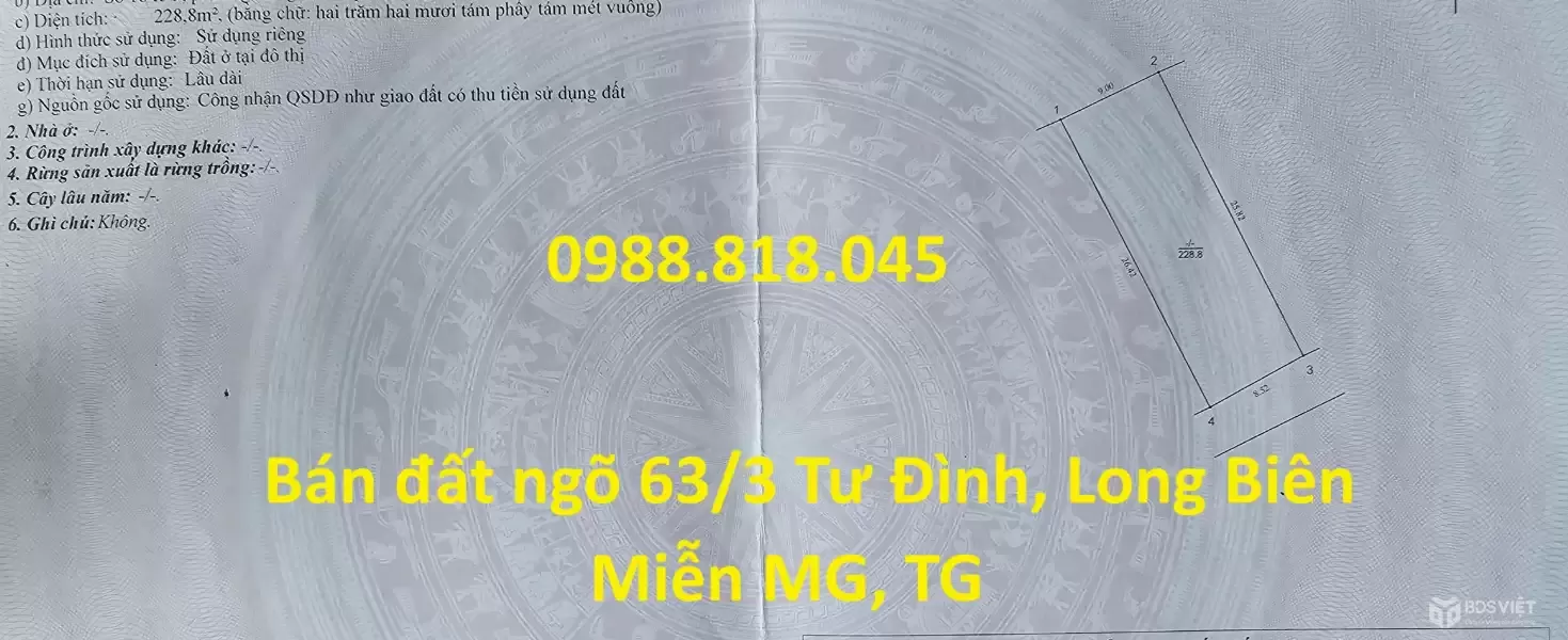 Đất ngõ 63 Tư Đình, phường Long Biên, thành phố Hà Nội, 229m2, đường ô tô tránh, miễn TG