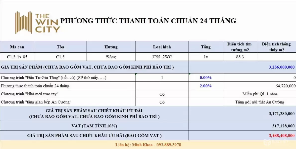 SUẤT NỘI BỘ THE WIN CITY - CĂN 3PN FULL NÔI THẤT 3.2 TỶ