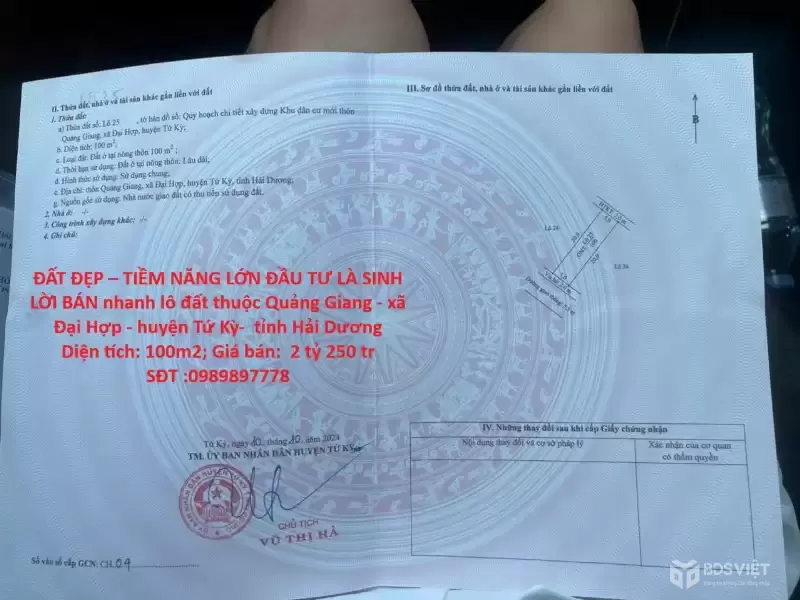 ĐẤT ĐẸP – TIỀM NĂNG LỚN ĐẦU TƯ LÀ SINH LỜI BÁN nhanh lô đất tại huyện Tứ Kỳ tỉnh Hải Dương