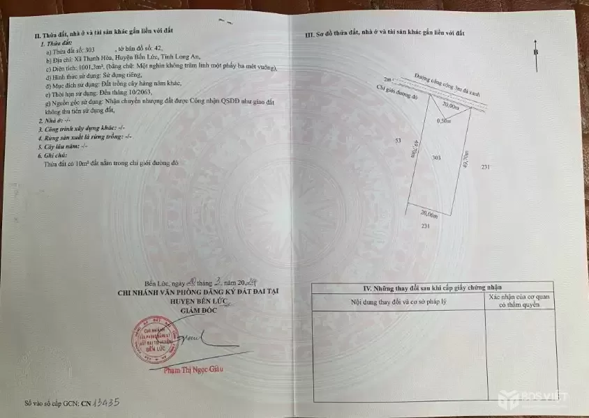 Bán đất vườn đường đá xanh xe oto tới đất xã Thạnh Hòa, Bến Lức dt 1000m2 giá chốt 1,25 tỷ