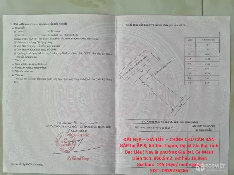 ĐẤT ĐẸP – GIÁ TỐT  – CHÍNH CHỦ CẦN BÁN GẤP tại  Xã Tân Thạnh, thị xã Gía Rai, tỉnh Bạc Liêu