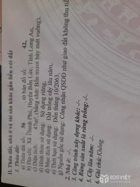 Bán đất mt Nguyễn Hữu Trí , xã Thanh Phú dt 141m2 ( 94m2 thổ) giá 5,2 tỷ