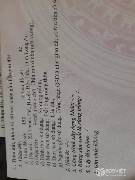 Bán đất mt Nguyễn Hữu Trí , xã Thanh Phú dt 141m2 ( 94m2 thổ) giá 5,2 tỷ