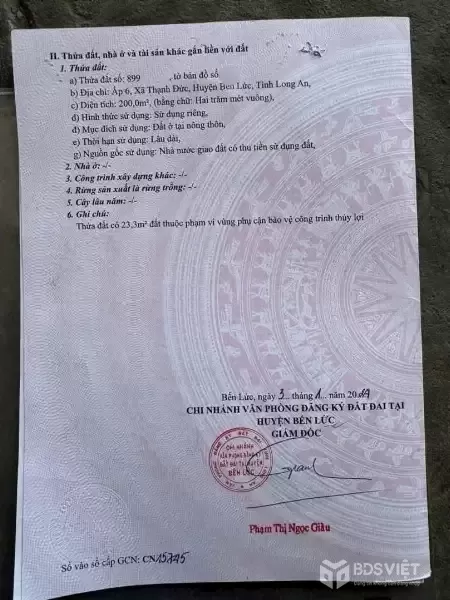 Bán đất mặt tiền beton Bà Lư, xã Thạnh Đức dt 240m2 (200m2 thổ) giá 1,1 tỷ