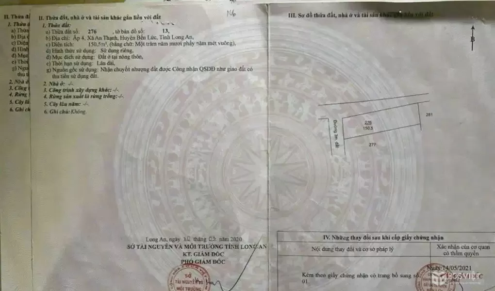 Bán đất 2 mặt tiền An Thạnh, Bến Lức dt 302m2 full thổ giá giảm còn 2,3 tỷ