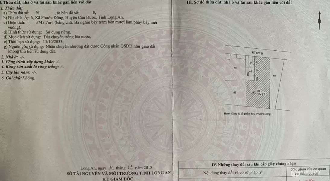Bán đất mặt tiền tỉnh lộ 826b xã Phước Đông, Cần Đước dt 4000m2 ( 500m2 thổ ) giá chốt 25 tỷ