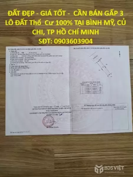 ĐẤT ĐẸP - GIÁ TỐT -  CẦN BÁN GẤP 3 LÔ ĐẤT Thổ  Cư 100% TẠI BÌNH MỸ, CỦ CHI, TP HỒ CHÍ MINH
