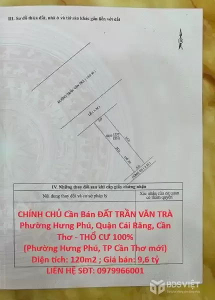 CHÍNH CHỦ Cần Bán ĐẤT TRẦN VĂN TRÀ Phường Hưng Phú, Quận Cái Răng, Cần Thơ - THỔ CƯ 100%