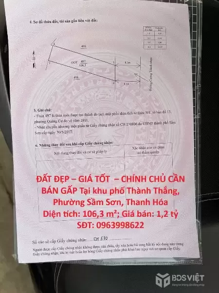 ĐẤT ĐẸP – GIÁ TỐT  – CHÍNH CHỦ CẦN BÁN GẤP Tại khu phố Thành Thắng, Phường Sầm Sơn, Thanh Hóa