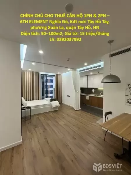 CHÍNH CHỦ CHO THUÊ CĂN HỘ 1PN & 2PN – 6TH ELEMENT vị trí đẹp KĐT mới tây Hồ Tây, quận Tây Hồ, HN