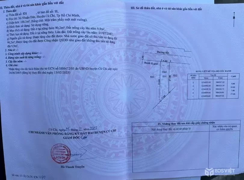 Bán nền thổ cư đường nhựa 1/ tỉnh lộ 15, xã Nhuận Đức dt 110m2 ( 90m2 thổ) giá 1,1 tỷ