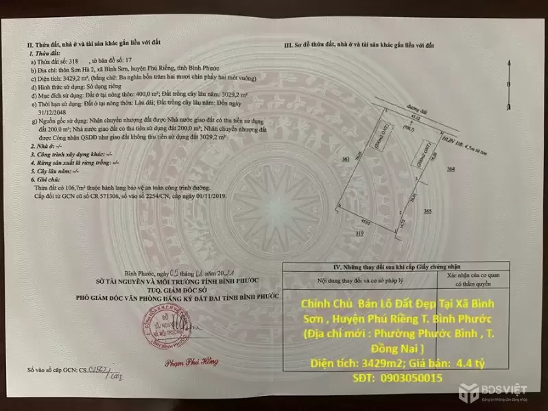 Chính Chủ  Bán Lô Đất Đẹp Tại Xã Bình Sơn , Huyện Phú Riềng T. Bình Phước