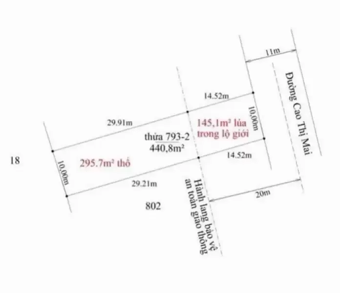 Bán đất mặt tiền Cao Thị Mai, Bình Trinh Đông , Tân Trụ dt 440,8m2 (295,7m2 thổ) giá 2,45 tỷ