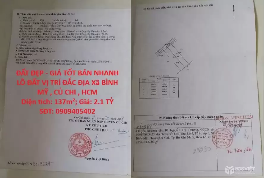 ĐẤT ĐẸP - GIÁ TỐT BÁN NHANH LÔ ĐẤT VỊ TRÍ ĐẮC ĐỊA Xã BÌNH MỸ , CỦ CHI , HCM