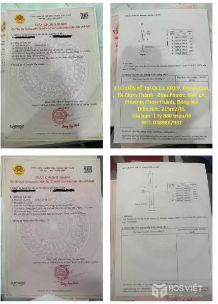 BÁN ĐẤT NỀN CHÍNH CHỦ - 2 LÔ LIỀN KỀ Tại QL13, KP2 P. Thành Tâm, TX Chơn Thành - Bình Phước