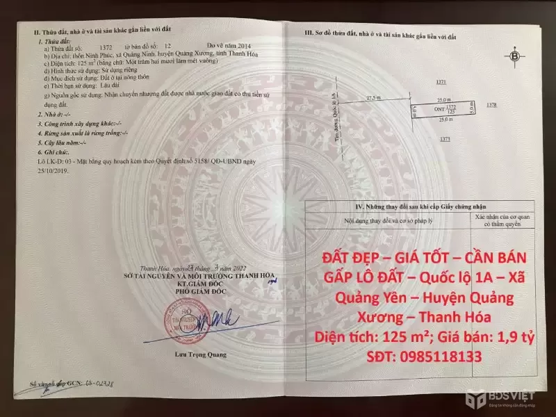ĐẤT ĐẸP – GIÁ TỐT – CẦN BÁN GẤP LÔ ĐẤT – Quốc lộ 1A – Xã Quảng Yên – Huyện Quảng Xương – Thanh Hóa