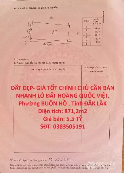 ĐẤT ĐẸP- GIÁ TỐT CHÍNH CHỦ CẦN BÁN NHANH LÔ ĐẤT HOÀNG QUỐC VIỆT, Phường BUÔN HỒ , Tỉnh ĐĂK LĂK