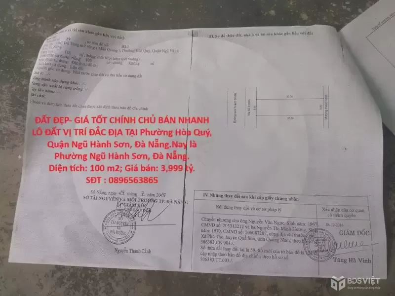 ĐẤT ĐẸP- GIÁ TỐT CHÍNH CHỦ BÁN NHANH LÔ ĐẤT VỊ TRÍ ĐẮC ĐỊA TẠI Phường Hòa Quý, Quận Ngũ Hành Sơn, Đà Nẵng.