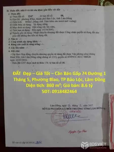 ĐẤT  Đẹp – Giá Tốt – Cần Bán Gấp – Đường 1 Tháng 5 – Phường Blao – TP Bảo Lộc – Lâm Đồng