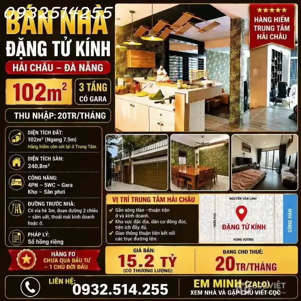 Bán Nhà 3 tầng Trung Tâm Hải Châu - Cách Sông Hàn 100m - Ngang 7m5 - giá chỉ 15 tỷ.