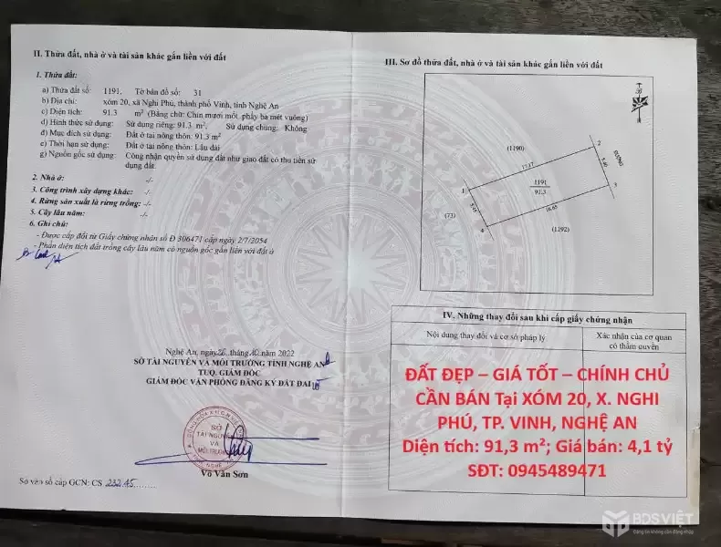 ĐẤT ĐẸP – GIÁ TỐT – CHÍNH CHỦ CẦN BÁN Tại XÓM 20, X. NGHI PHÚ, TP. VINH, NGHỆ AN